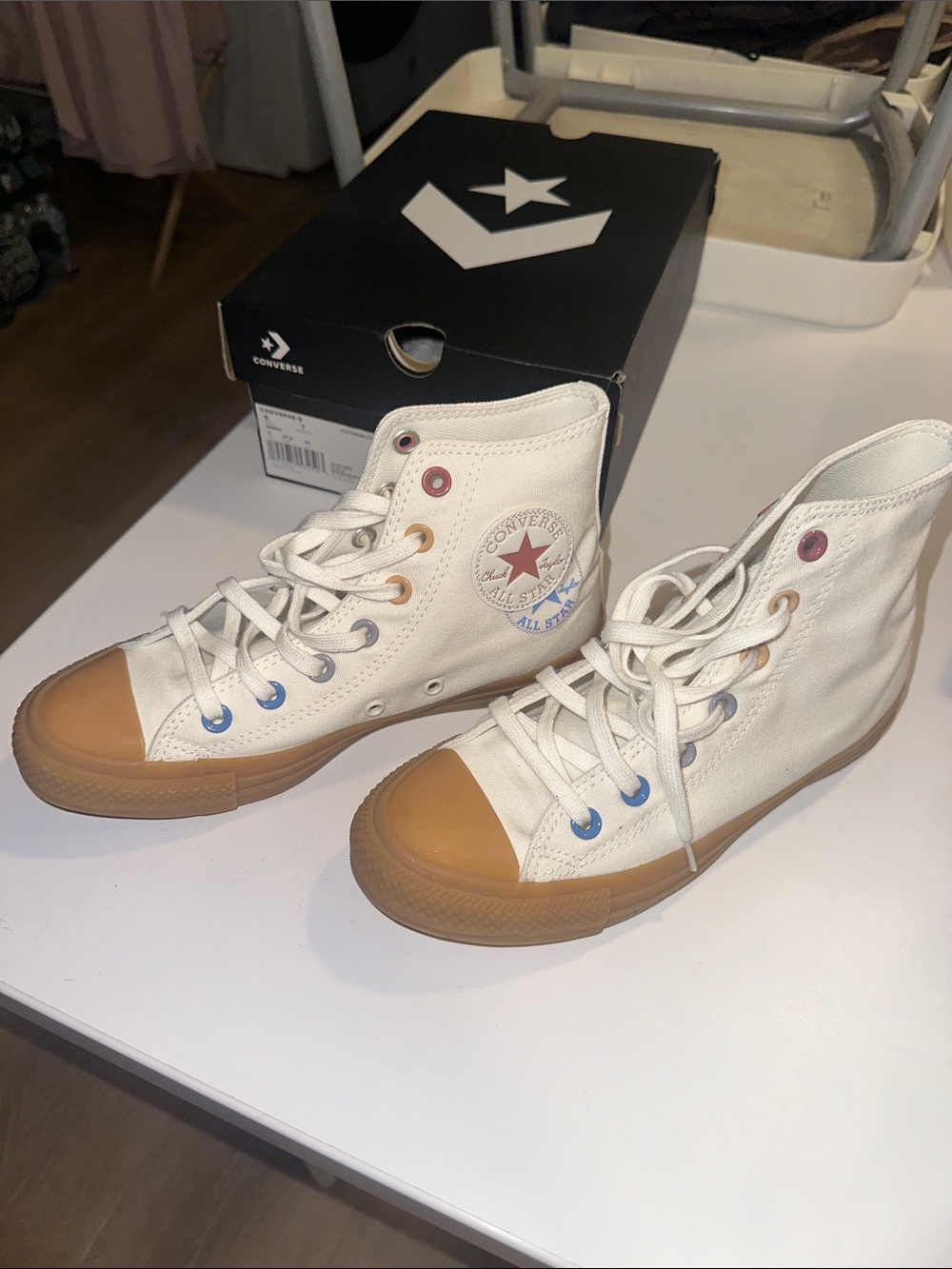 Converse White High-Top Sneakers with Gum Toe and Multicolor Eyelets